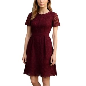 Talbots Burgundy Dress Lace Short Sleeve Party Evening Special Occasions 4 EUC